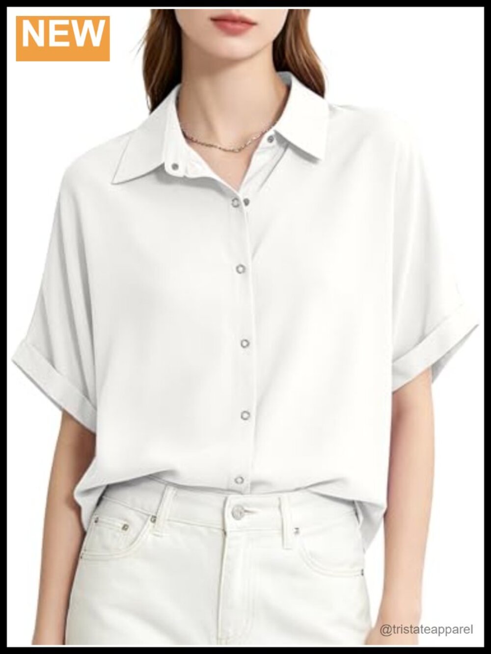 Cotton Lyocell Snap Button Blouse Short Sleeve Collared Casual Top
